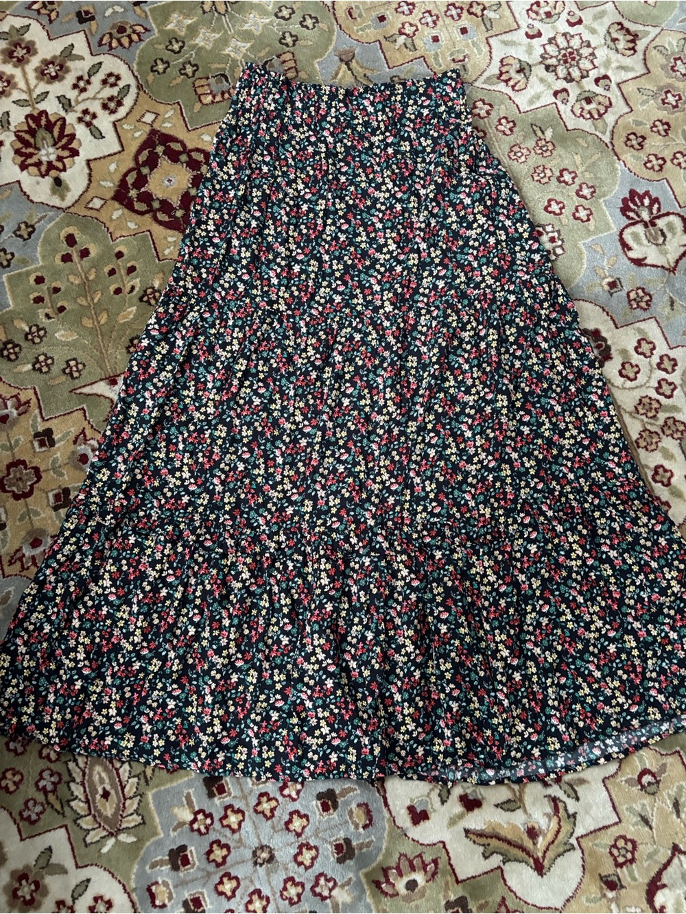 Mango Black Floral Tiered Maxi Skirt with Red and Green Accents